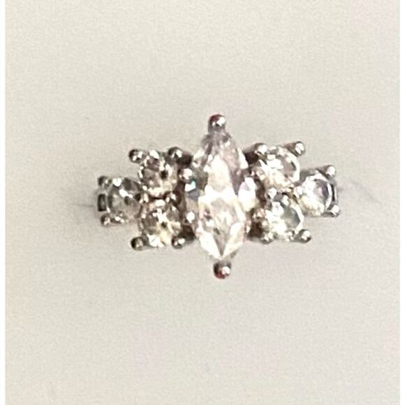 Lovely Large Cz Marquee Ring set in Rhodium Overlayed 925 Silver - Picture 1 of 16